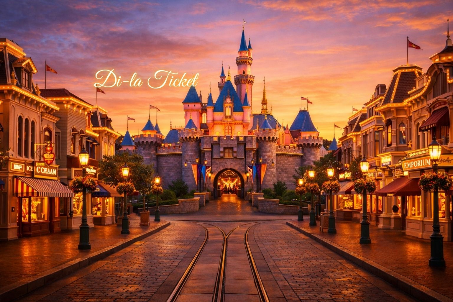 Theme park castle at sunset